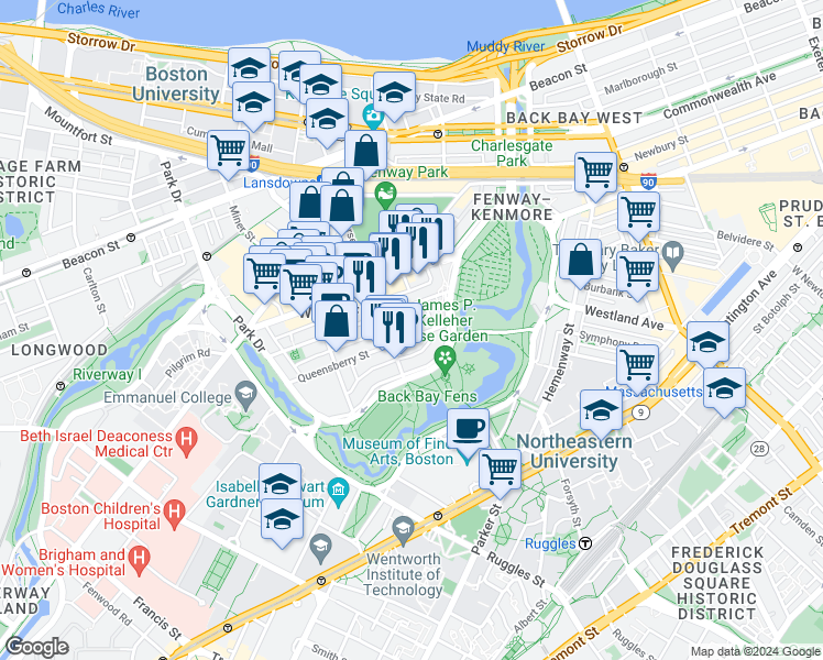 map of restaurants, bars, coffee shops, grocery stores, and more near 11 Queensberry Street in Boston