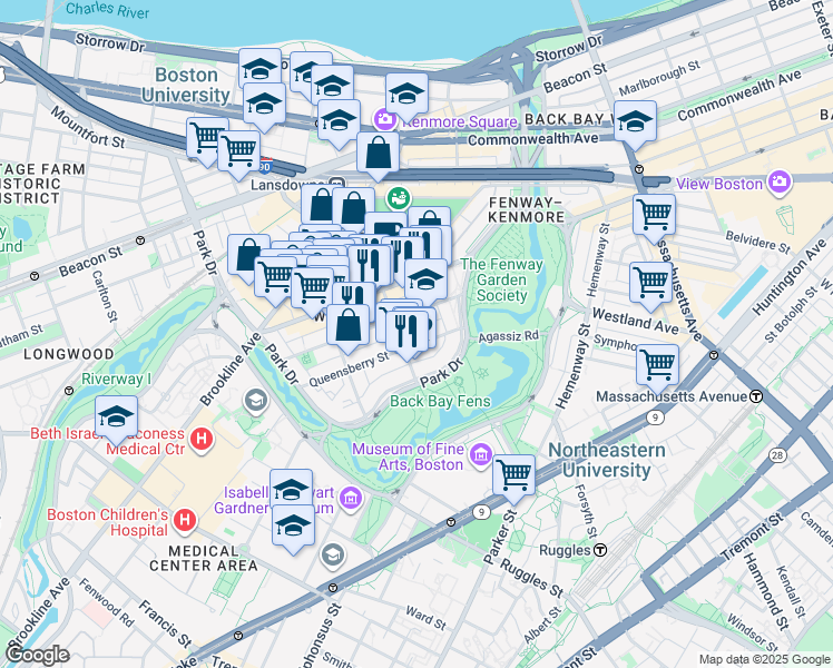 map of restaurants, bars, coffee shops, grocery stores, and more near 119 Jersey Street in Boston