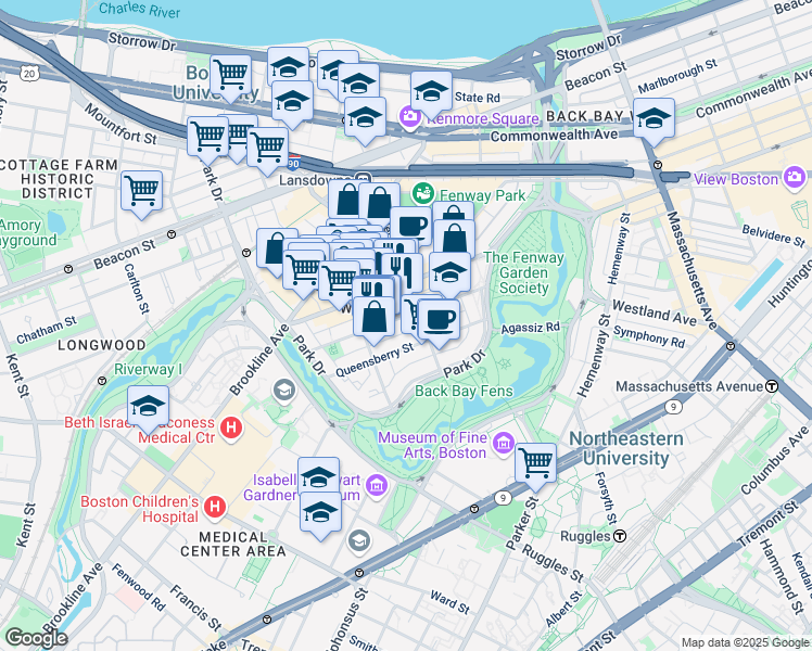 map of restaurants, bars, coffee shops, grocery stores, and more near 85 Peterborough Street in Boston