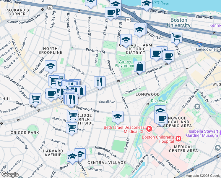map of restaurants, bars, coffee shops, grocery stores, and more near 1187 Beacon Street in Brookline