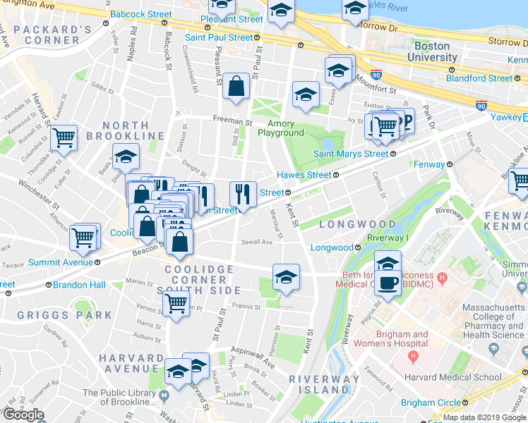 map of restaurants, bars, coffee shops, grocery stores, and more near 1187 Beacon Street in Brookline