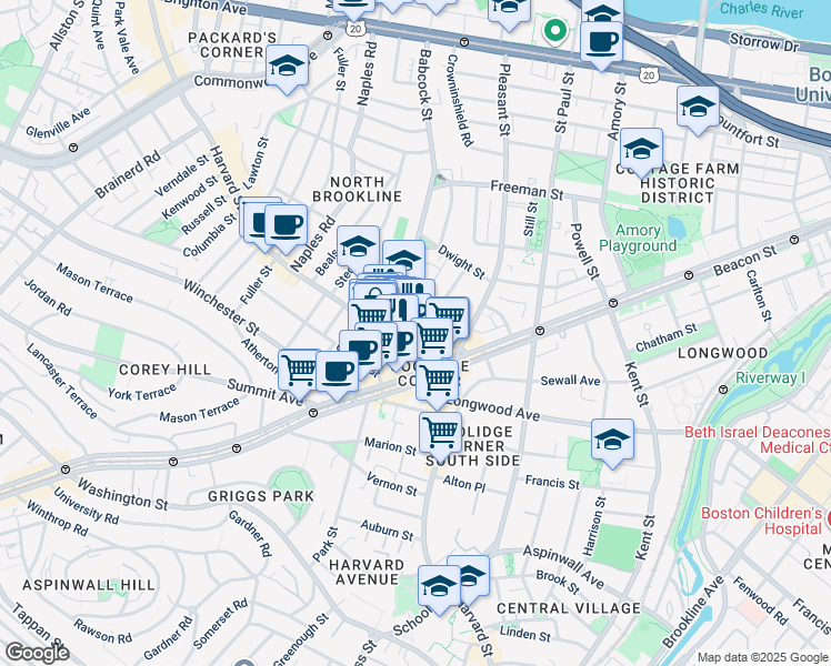 map of restaurants, bars, coffee shops, grocery stores, and more near 301 Harvard Street in Brookline
