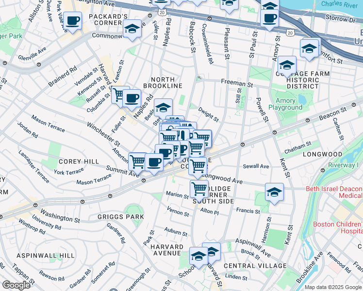 map of restaurants, bars, coffee shops, grocery stores, and more near 301 Harvard Street in Brookline