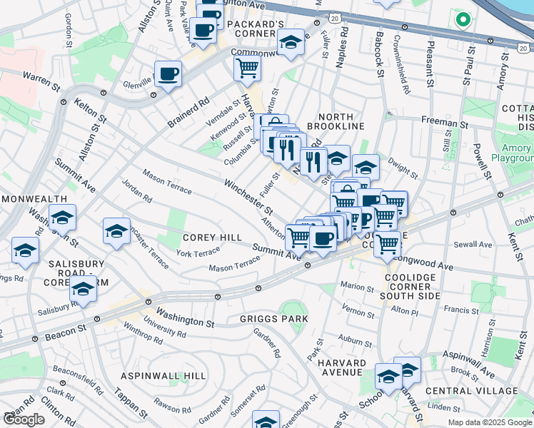 map of restaurants, bars, coffee shops, grocery stores, and more near 104 Winchester Street in Brookline