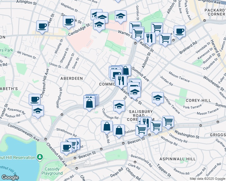 map of restaurants, bars, coffee shops, grocery stores, and more near 1619 Commonwealth Avenue in Boston
