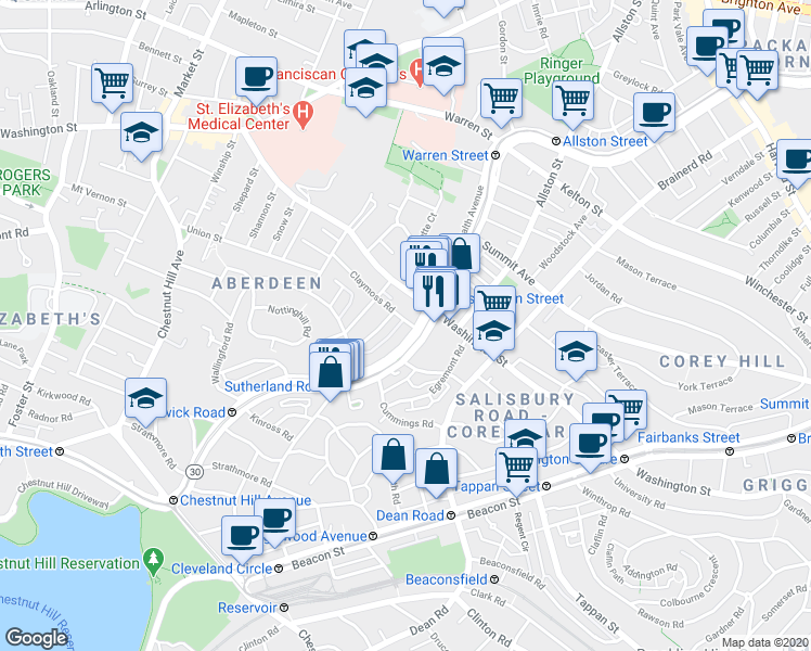 map of restaurants, bars, coffee shops, grocery stores, and more near 1619 Commonwealth Avenue in Boston