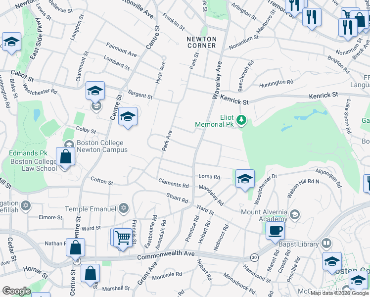 map of restaurants, bars, coffee shops, grocery stores, and more near 26 Brackett Road in Newton