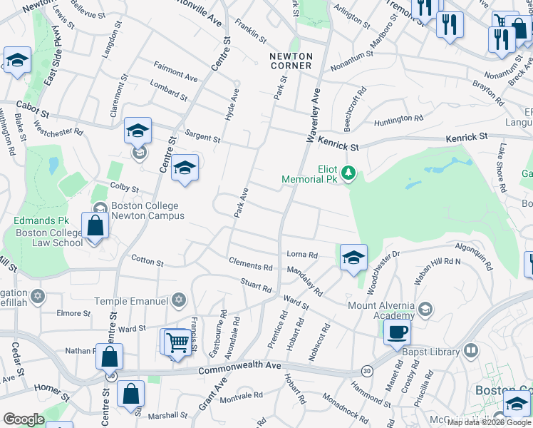 map of restaurants, bars, coffee shops, grocery stores, and more near 26 Brackett Road in Newton