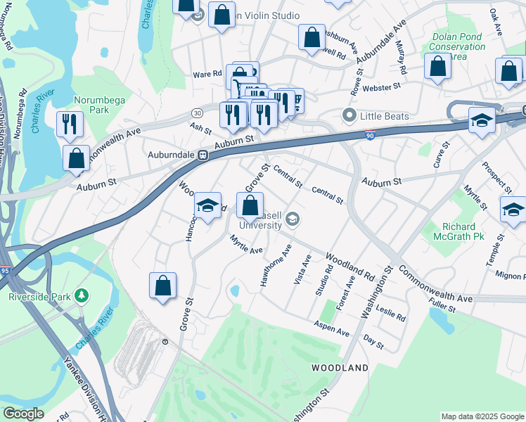 map of restaurants, bars, coffee shops, grocery stores, and more near 26 Maple Terrace in Newton