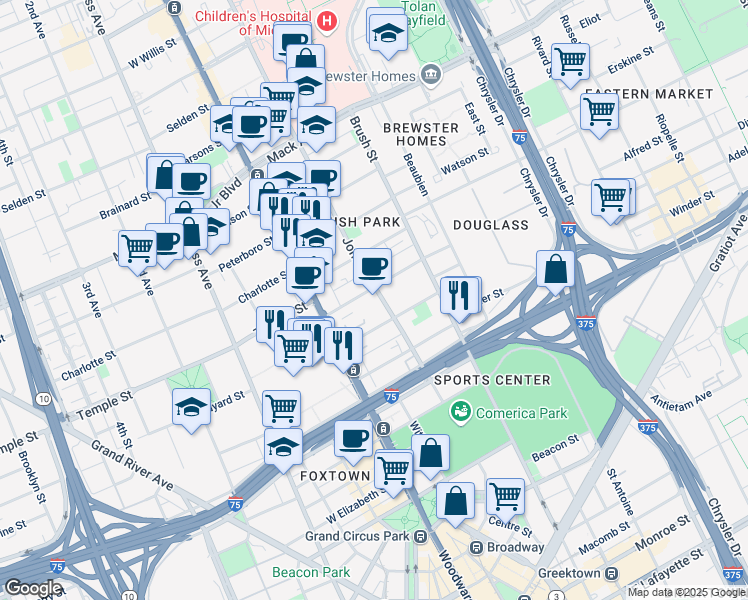 map of restaurants, bars, coffee shops, grocery stores, and more near 2750 John R Street in Detroit