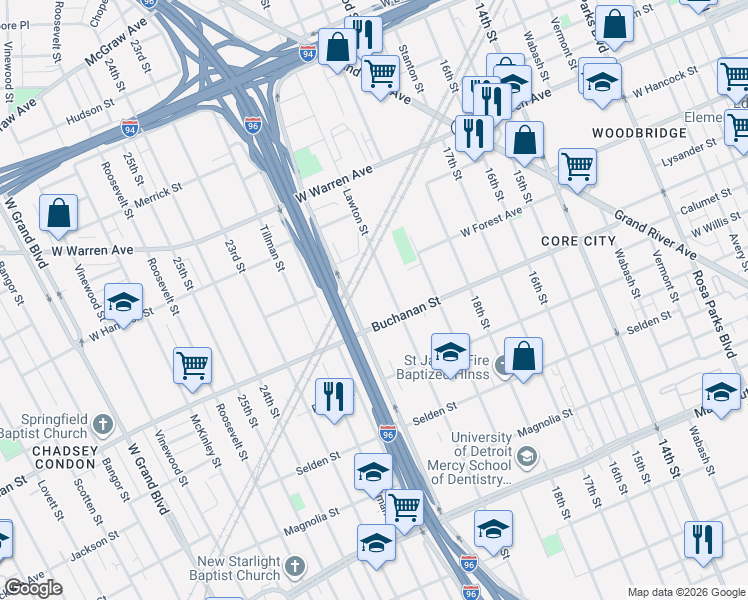 map of restaurants, bars, coffee shops, grocery stores, and more near 4460 Lawton Street in Detroit