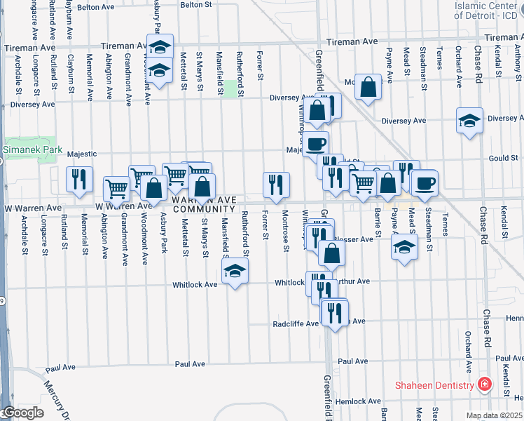 map of restaurants, bars, coffee shops, grocery stores, and more near 15831 West Warren Avenue in Detroit