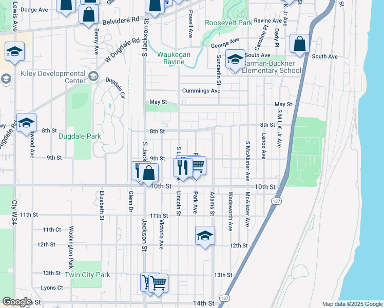 map of restaurants, bars, coffee shops, grocery stores, and more near 833 South Lincoln Avenue in Waukegan