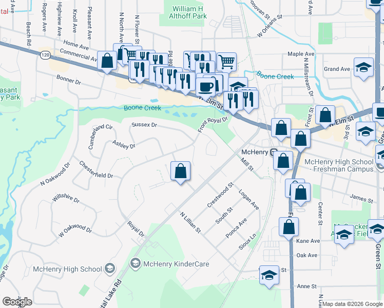 map of restaurants, bars, coffee shops, grocery stores, and more near 1105 Somerset Mall in McHenry
