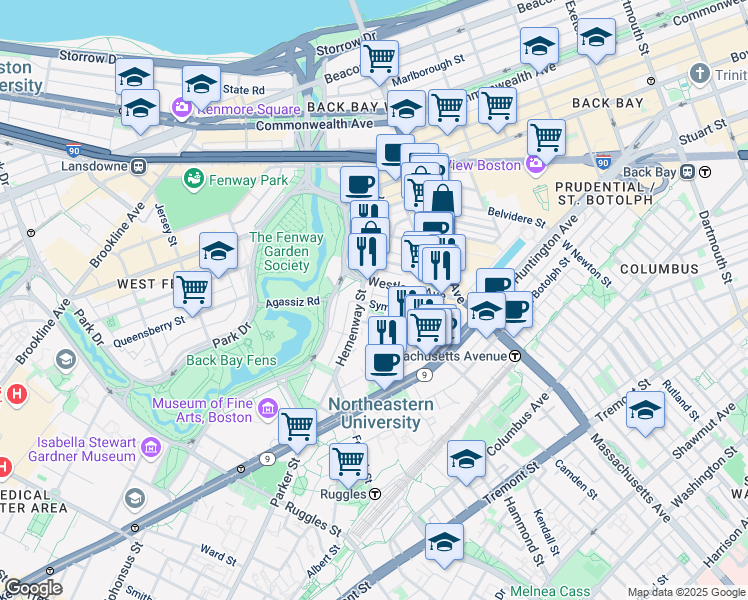 map of restaurants, bars, coffee shops, grocery stores, and more near in Boston