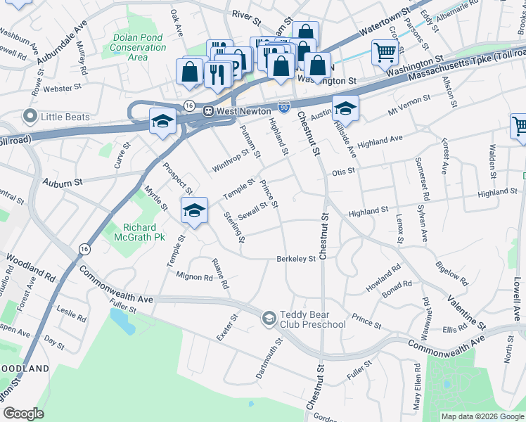 map of restaurants, bars, coffee shops, grocery stores, and more near 18 Sewall Street in Newton