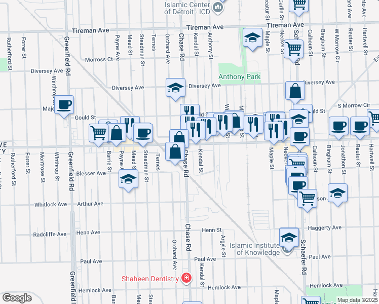 map of restaurants, bars, coffee shops, grocery stores, and more near 14507 West Warren Avenue in Dearborn