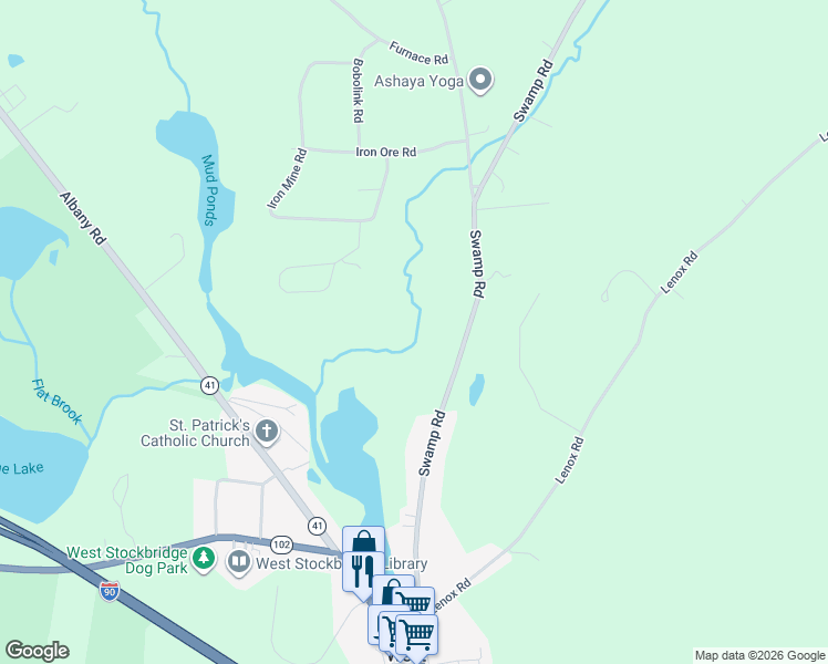 map of restaurants, bars, coffee shops, grocery stores, and more near 45 Swamp Road in West Stockbridge