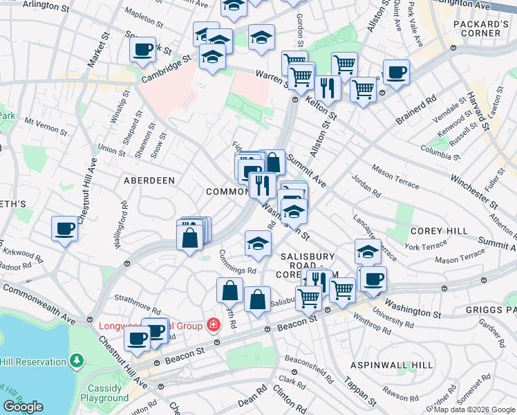 map of restaurants, bars, coffee shops, grocery stores, and more near 319 Allston Street in Boston