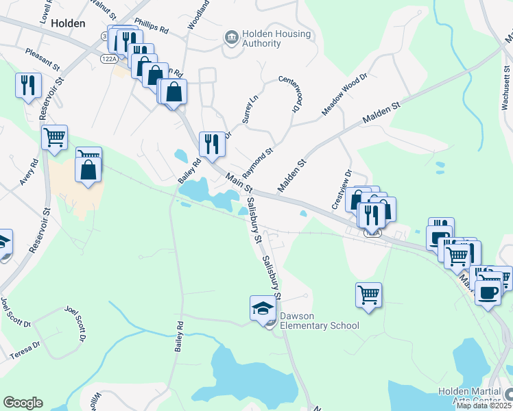 map of restaurants, bars, coffee shops, grocery stores, and more near 20 Salisbury Street in Holden
