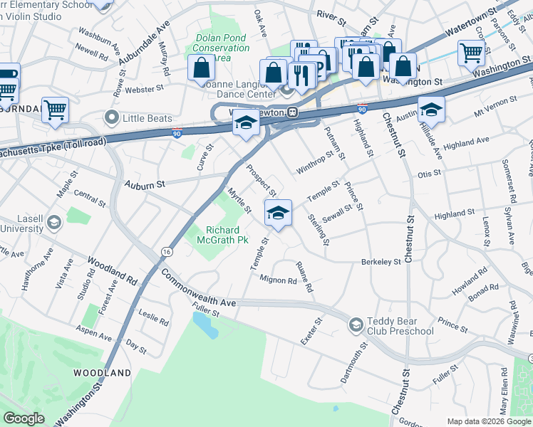 map of restaurants, bars, coffee shops, grocery stores, and more near 33 Tennyson Road in Newton