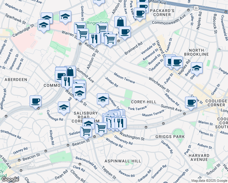 map of restaurants, bars, coffee shops, grocery stores, and more near 227 Summit Avenue in Brookline