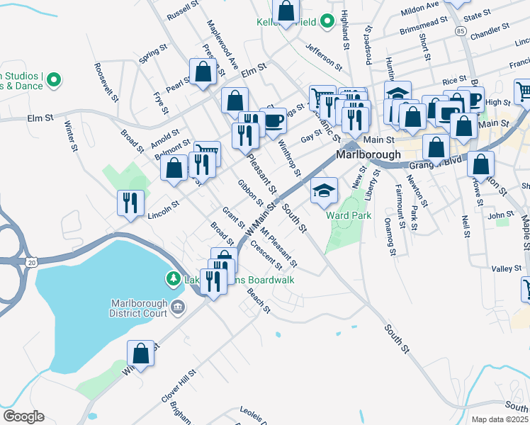 map of restaurants, bars, coffee shops, grocery stores, and more near 153 West Main Street in Marlborough