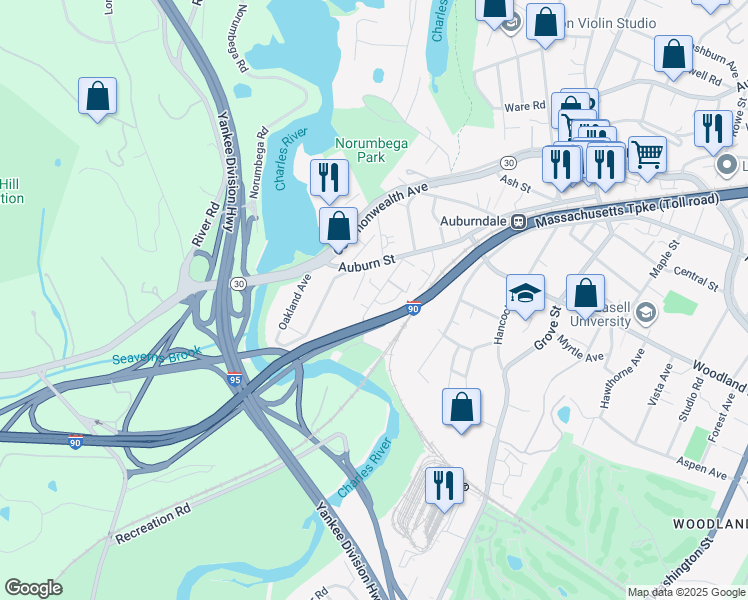 map of restaurants, bars, coffee shops, grocery stores, and more near 52 Charles Street in Newton