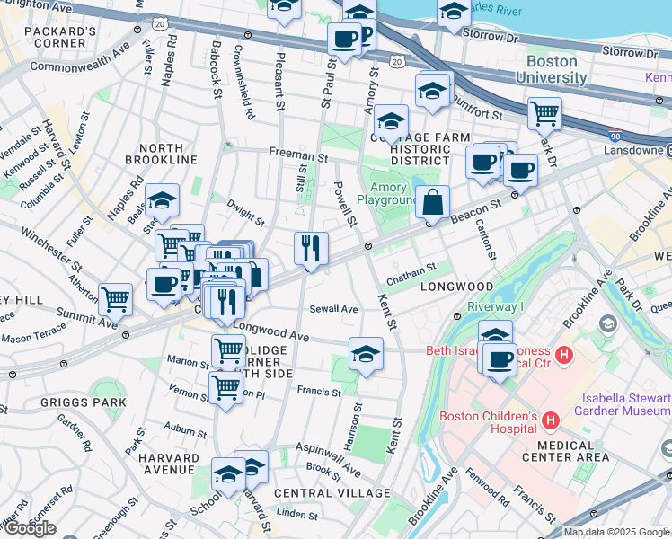 map of restaurants, bars, coffee shops, grocery stores, and more near 1203 Beacon Street in Brookline