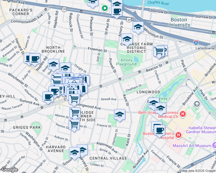 map of restaurants, bars, coffee shops, grocery stores, and more near 1209 Beacon Street in Brookline