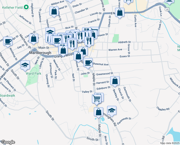 map of restaurants, bars, coffee shops, grocery stores, and more near 11 John Street in Marlborough