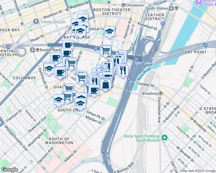map of restaurants, bars, coffee shops, grocery stores, and more near 40 Fay Street in Boston