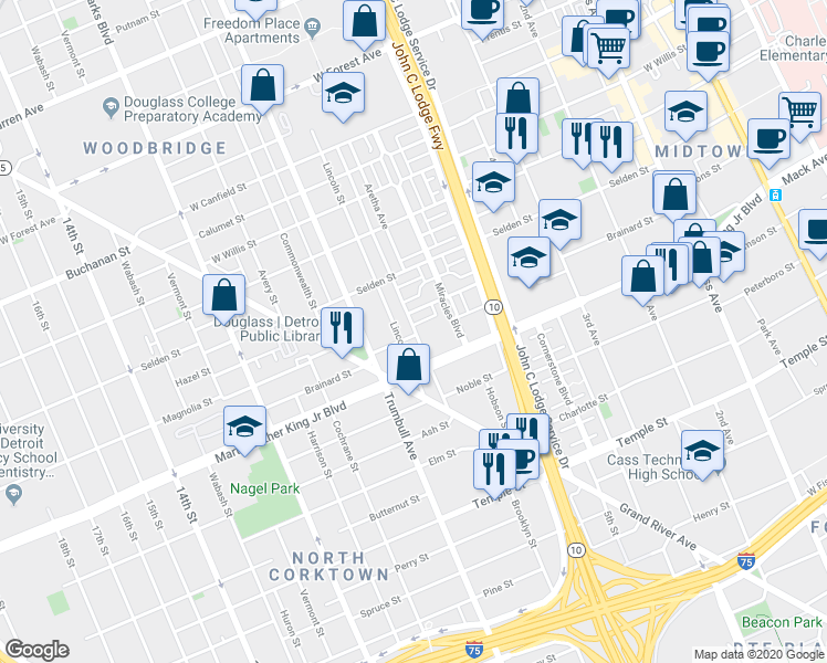 map of restaurants, bars, coffee shops, grocery stores, and more near 1352 Brainard Street in Detroit