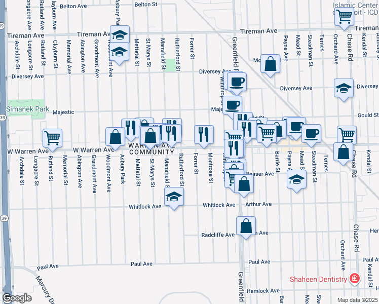 map of restaurants, bars, coffee shops, grocery stores, and more near 15831 West Warren Avenue in Detroit
