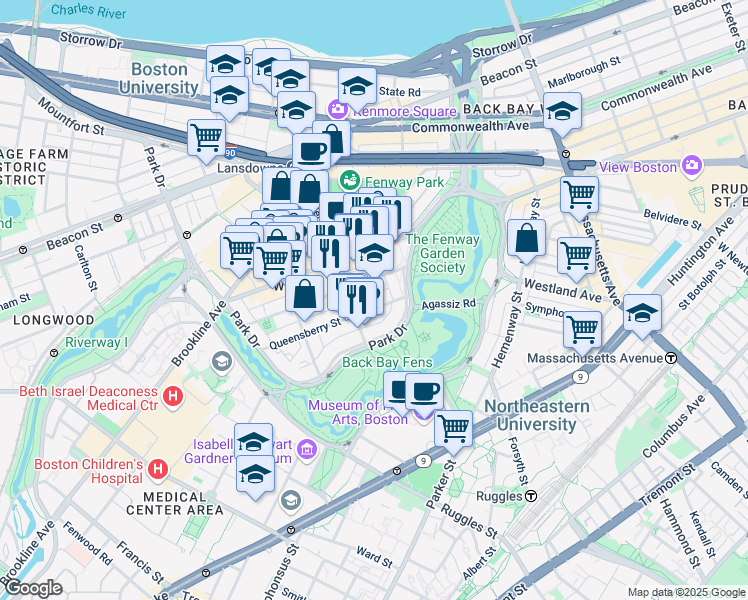 map of restaurants, bars, coffee shops, grocery stores, and more near 11 Queensberry Street in Boston