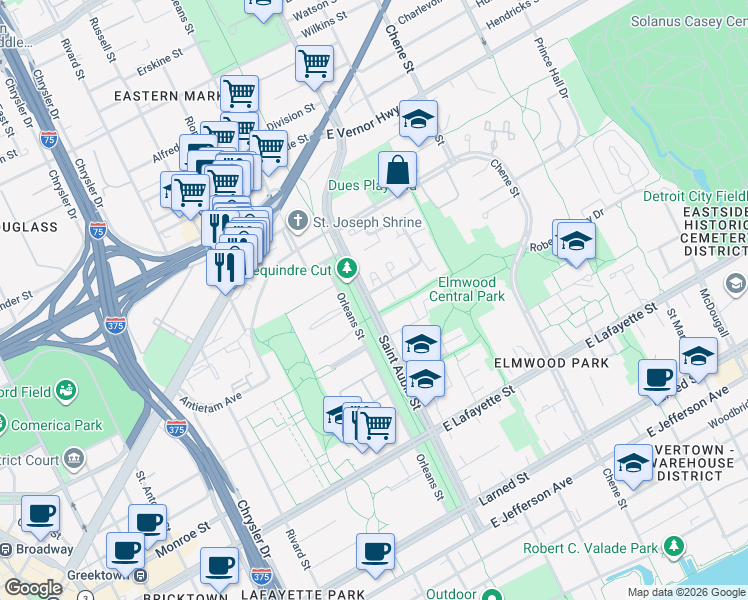 map of restaurants, bars, coffee shops, grocery stores, and more near 1922 Saint Aubin Street in Detroit