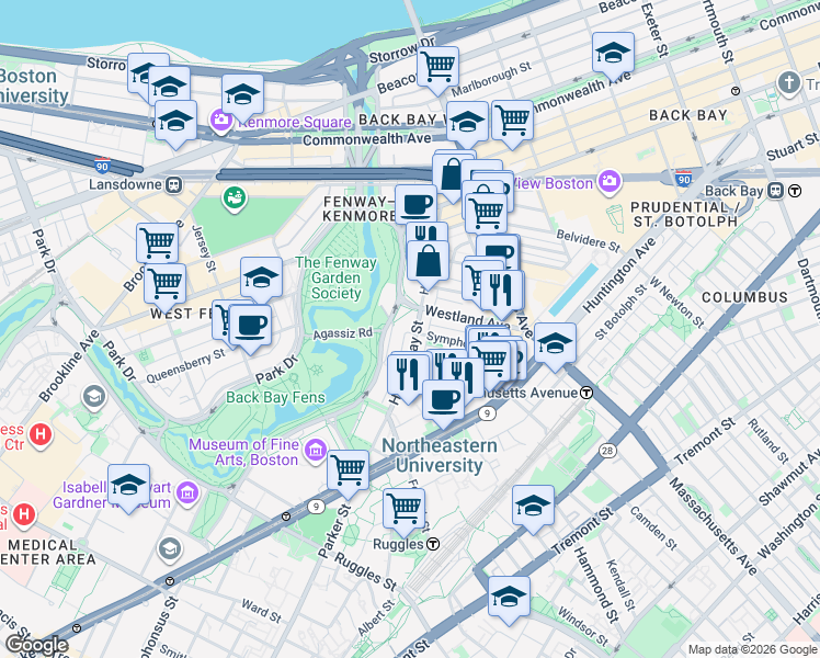 map of restaurants, bars, coffee shops, grocery stores, and more near 60 Fenway in Boston