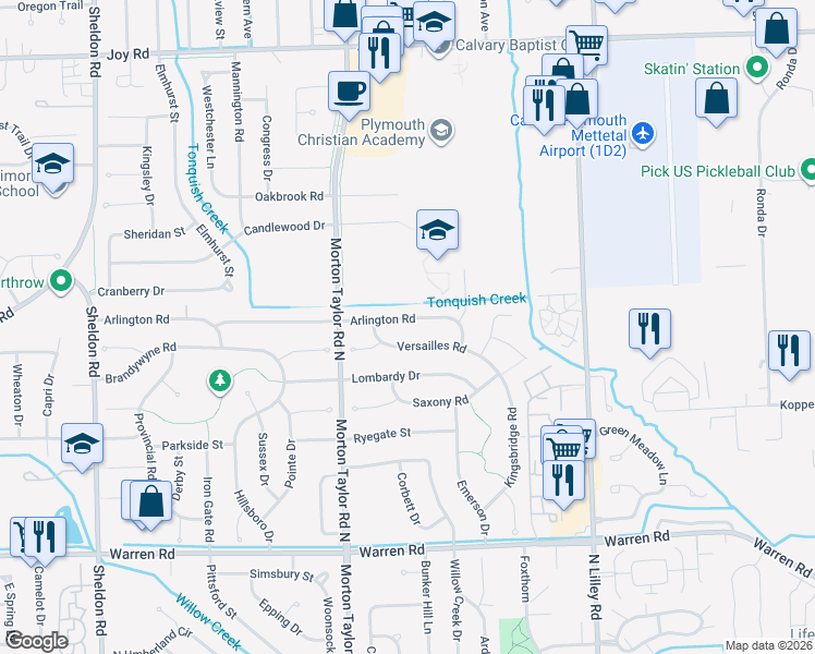 map of restaurants, bars, coffee shops, grocery stores, and more near 42973 Arlington Road in Canton