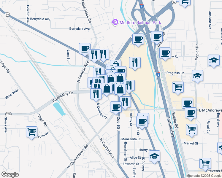 map of restaurants, bars, coffee shops, grocery stores, and more near 85 Rossanley Drive in Medford