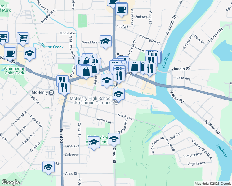 map of restaurants, bars, coffee shops, grocery stores, and more near 1204 North Green Street in McHenry