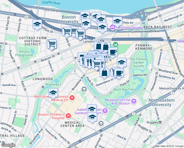 map of restaurants, bars, coffee shops, grocery stores, and more near 1358-1380 Boylston St in Boston
