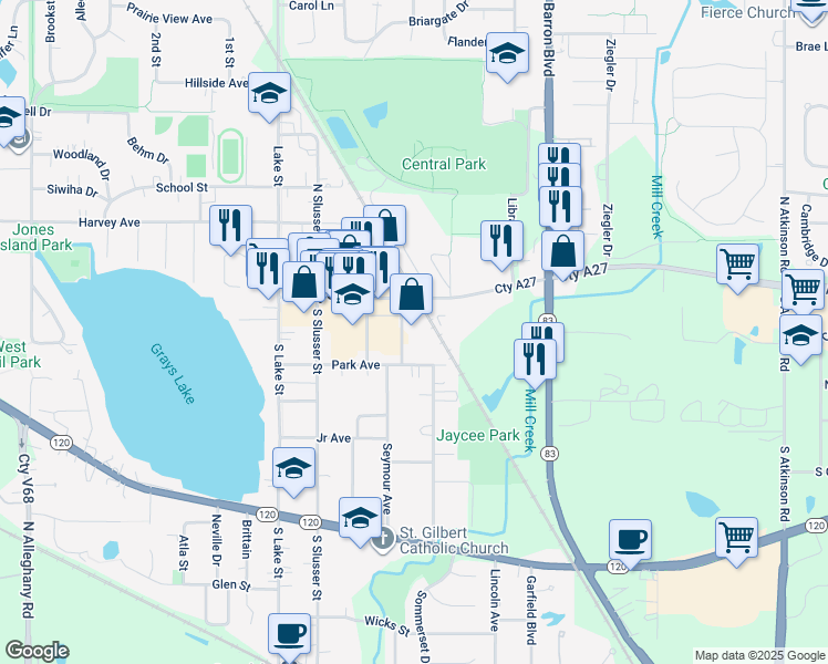 map of restaurants, bars, coffee shops, grocery stores, and more near 31 Seymour Avenue in Grayslake