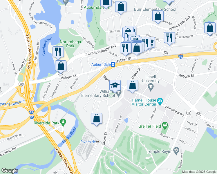 map of restaurants, bars, coffee shops, grocery stores, and more near 93 Hancock Street in Newton