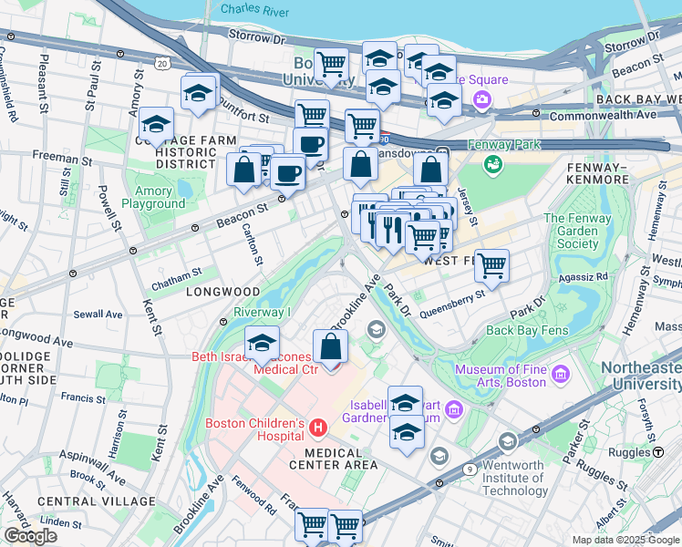 map of restaurants, bars, coffee shops, grocery stores, and more near 120 Riverway in Boston