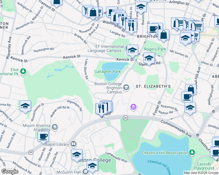 map of restaurants, bars, coffee shops, grocery stores, and more near 88 Lake Shore Road in Boston