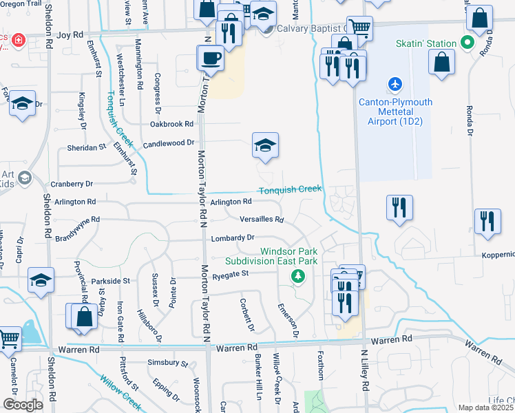 map of restaurants, bars, coffee shops, grocery stores, and more near 42973 Arlington Road in Canton