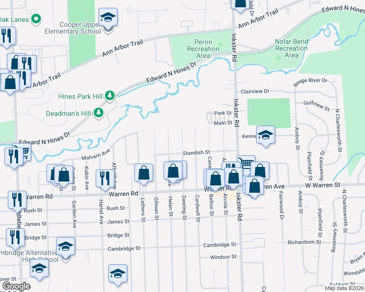 map of restaurants, bars, coffee shops, grocery stores, and more near 7532 Deering in Westland