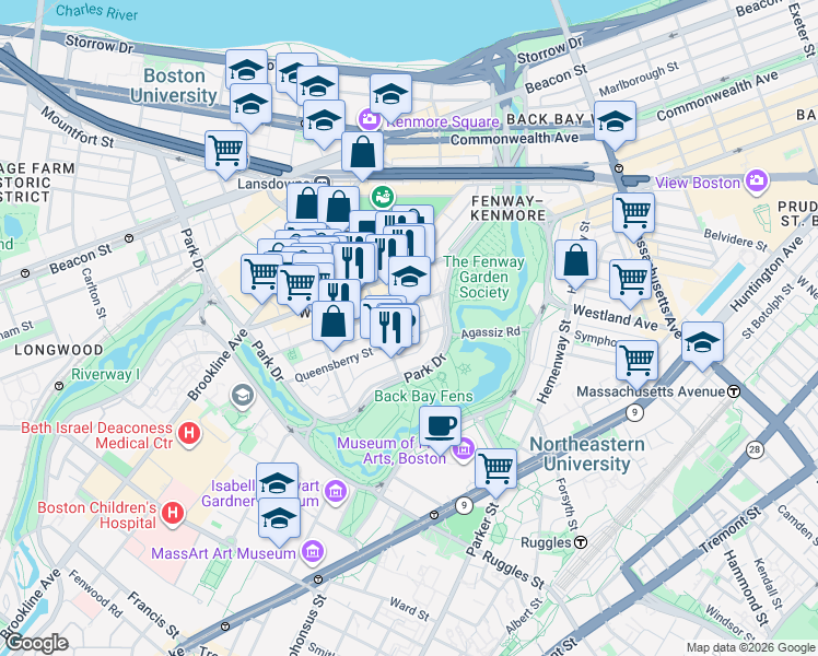 map of restaurants, bars, coffee shops, grocery stores, and more near 11 Queensberry Street in Boston