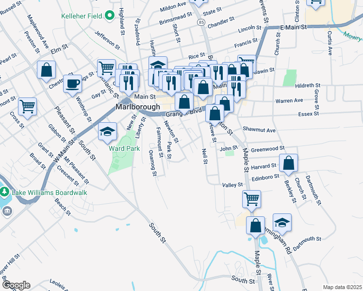 map of restaurants, bars, coffee shops, grocery stores, and more near 106 Newton Street in Marlborough