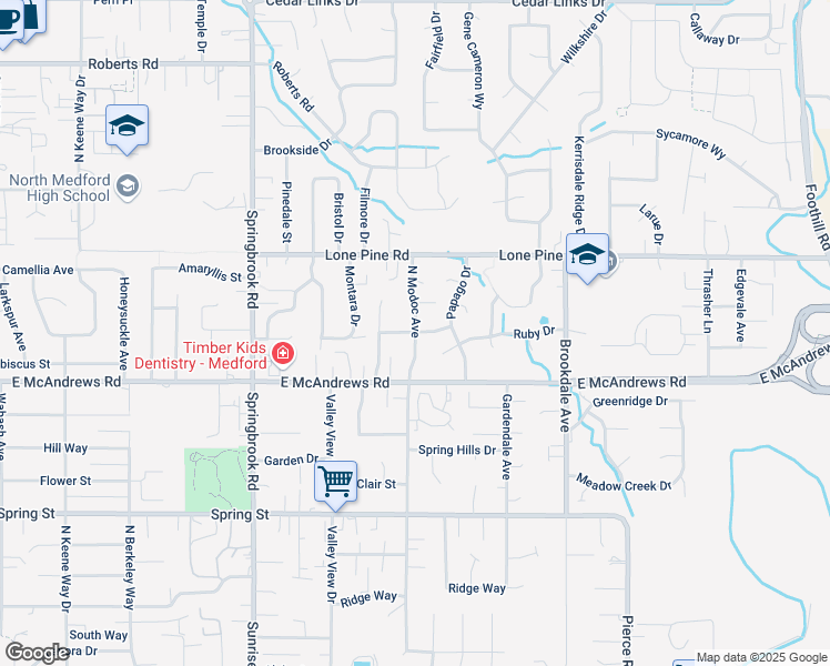 map of restaurants, bars, coffee shops, grocery stores, and more near 1399 North Modoc Avenue in Medford